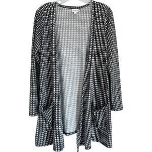 LuLaRoe Caroline Tunic Cardigan BW Houndstooth Geometric Arc Pattern L EUC‎